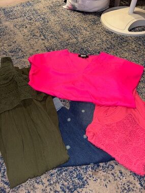 DKNY Hot Pink V-Neck Short Sleeve Top. Daisy pants, pink tank with crochet 4 itm